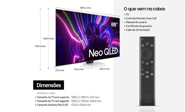 Smart TV Samsung Neo QLED 4K 2022 QN85QN85BAGXZD - Ficheiro Técnico