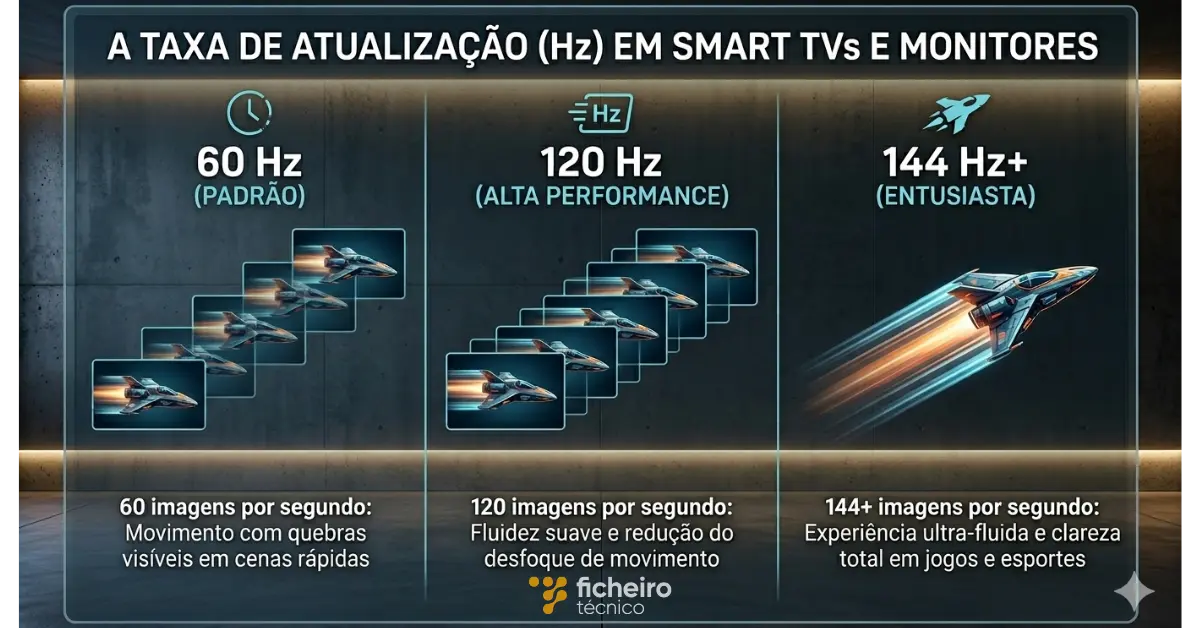 Comparativo visual de fluidez entre 60Hz, 120Hz e 144Hz em Smart TVs, ilustrando a redução do desfoque de movimento em frequências mais altas.