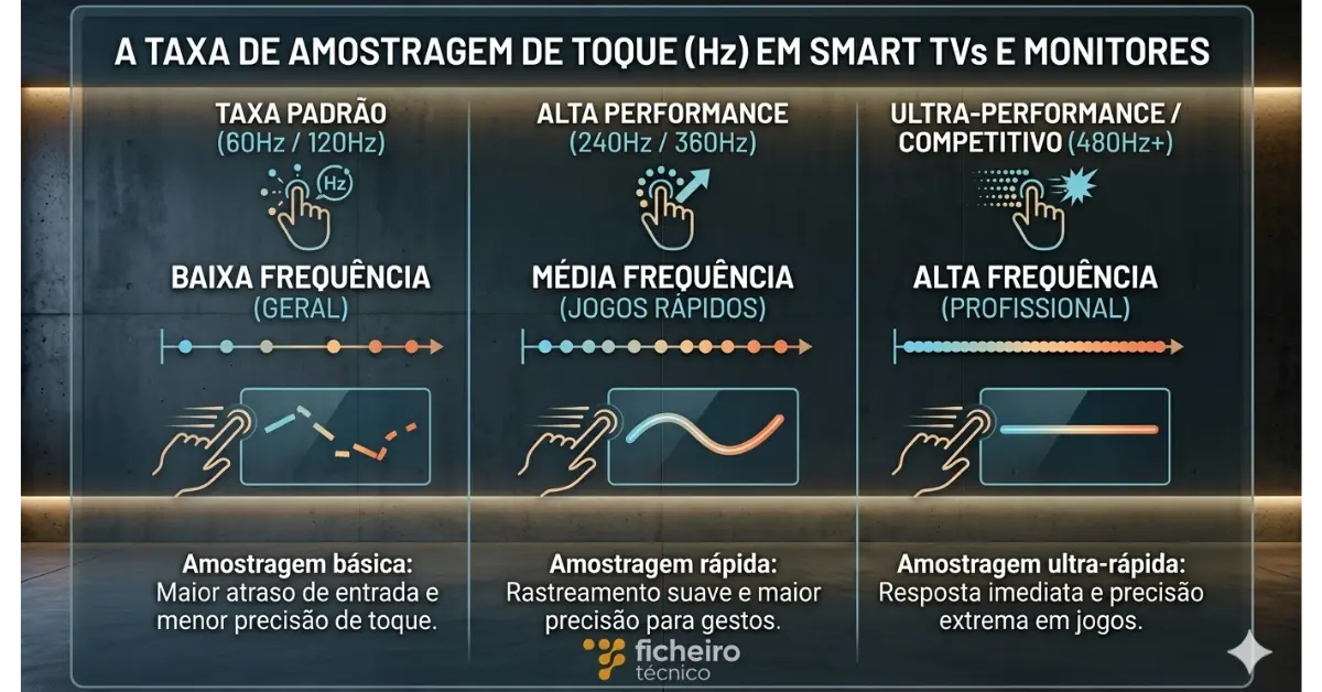 Infográfico técnico detalhando a Taxa de Amostragem de Toque em Hz, comparando a precisão entre frequências padrão e ultra-rápidas (480 Hz+) para demonstrar a redução de atraso em comandos.
