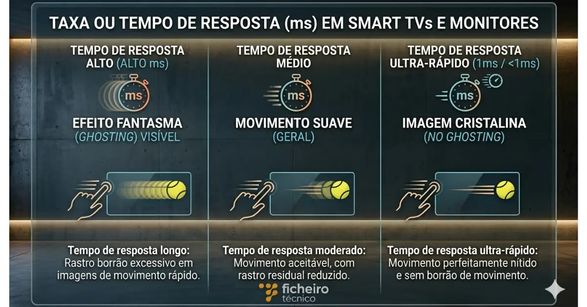 Infográfico técnico sobre Tempo de Resposta em ms, comparando o efeito fantasma (Ghosting) excessivo em telas lentas contra a imagem nítida e cristalina de painéis ultra-rápidos (1 ms).