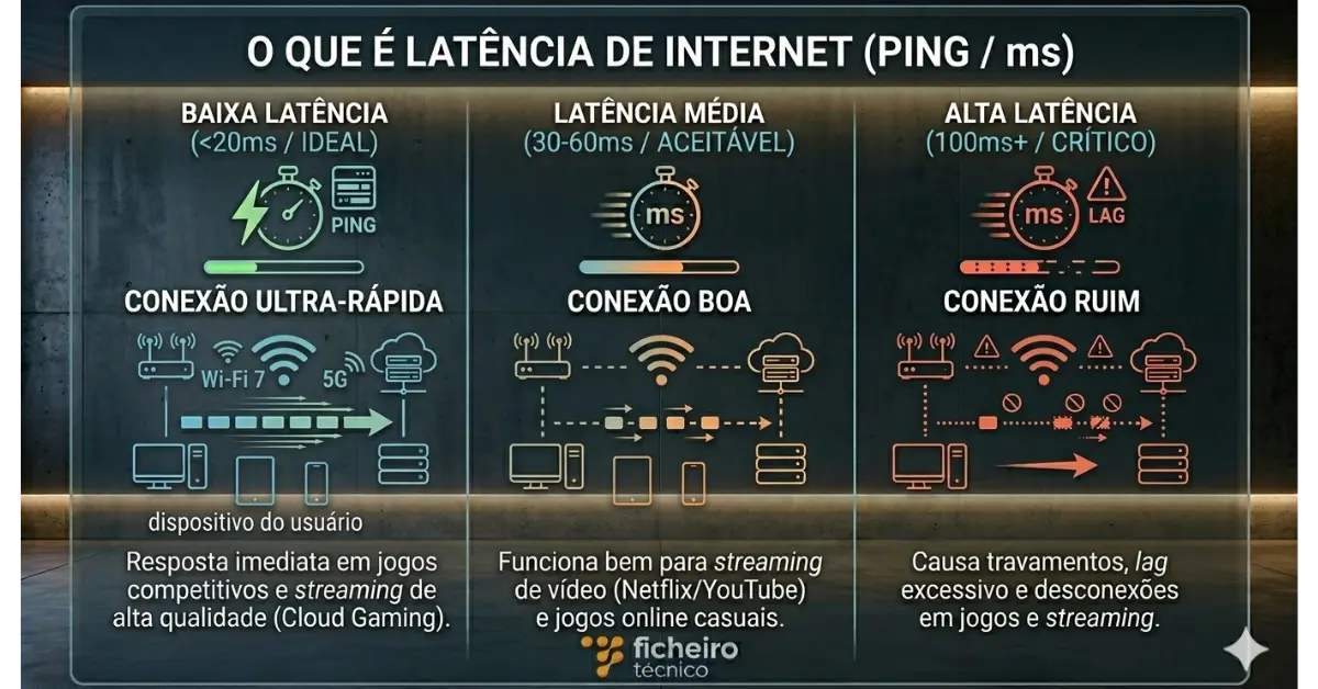 Infográfico técnico explicativo sobre o que é latência de internet e ping, comparando níveis de conexão (ideal, aceitável e crítico) e destacando o papel das tecnologias Wi-Fi 7 e 5G na redução do atraso de rede.