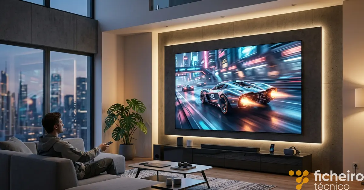 Smart TV de alto desempenho exibindo alta taxa de atualização e cores vibrantes.