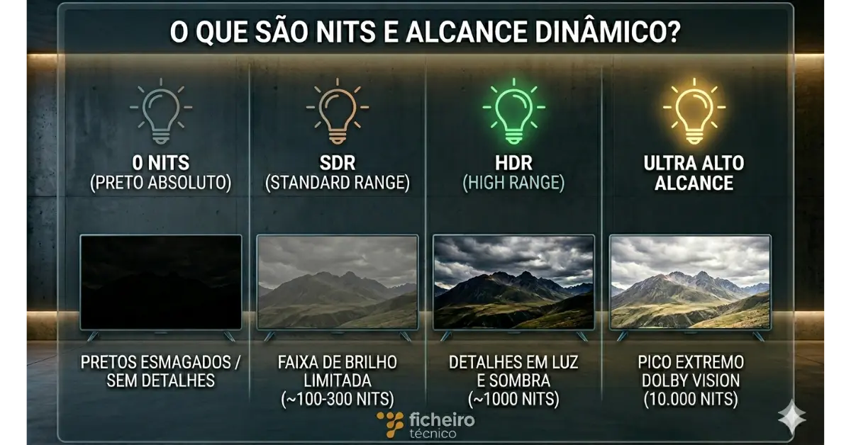 Infográfico modular sobre fundo de concreto, demonstrando o Alcance Dinâmico e Nits. Quatro colunas comparam a mesma paisagem em 0 nits, SDR, HDR e 10.000 nits+, usando ícones de lâmpadas para ilustrar o brilho.