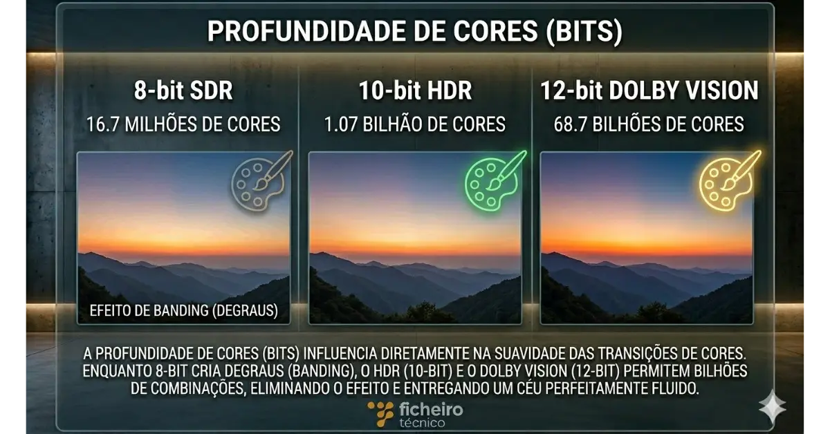 Infográfico modular comparando profundidade de cores em 8-bit, 10-bit e 12-bit, ilustrando o efeito de banding (degraus) no degradê do céu, usando ícones de paletas de cores para ilustrar a profundidade cromática.