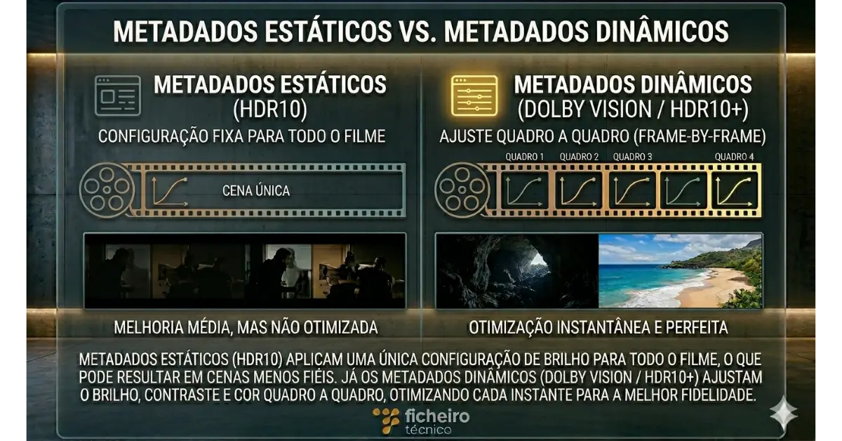 Infográfico técnico comparando metadados estáticos (HDR10) versus metadados dinâmicos (Dolby Vision/HDR10+). Mostra duas colunas com ícones e explicações. A esquerda ilustra o HDR10 com uma única configuração fixa e resultado de imagem comprometida. A direita ilustra o Dolby Vision e o HDR10+ com ajustes quadro a quadro para otimização instantânea de brilho e contraste em diferentes cenas, resultando em imagem perfeita.