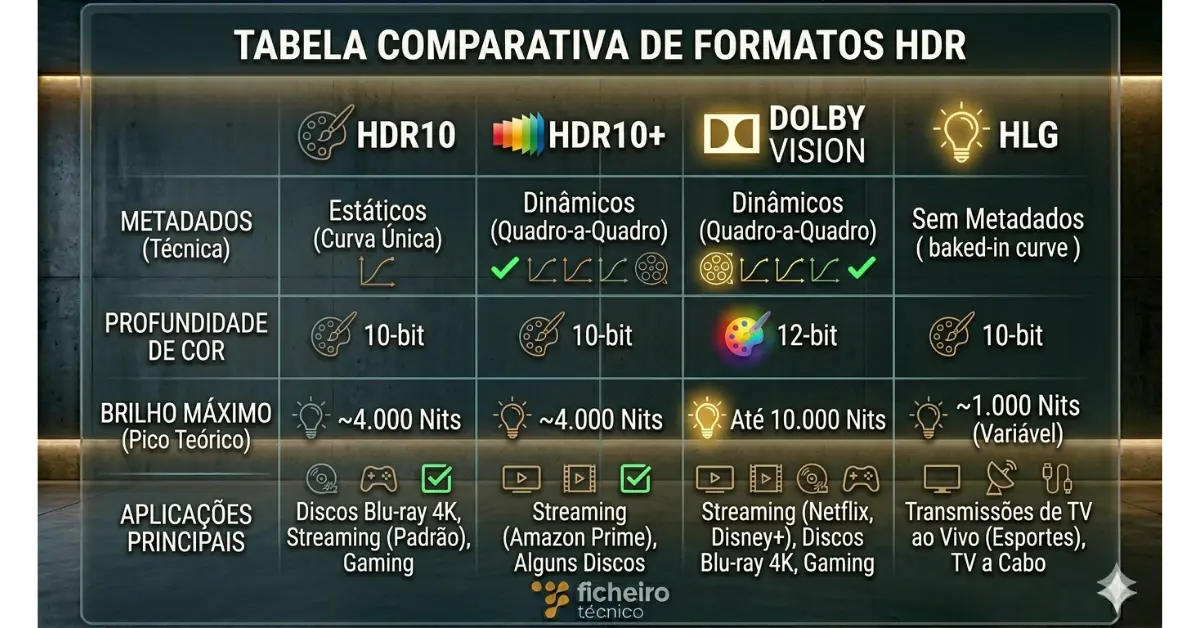 Infográfico de tabela técnica comparativa dos formatos HDR10, HDR10+, Dolby Vision e HLG. A tabela detalha metadados, profundidade de bits, pico de brilho e aplicações principais de cada tecnologia.