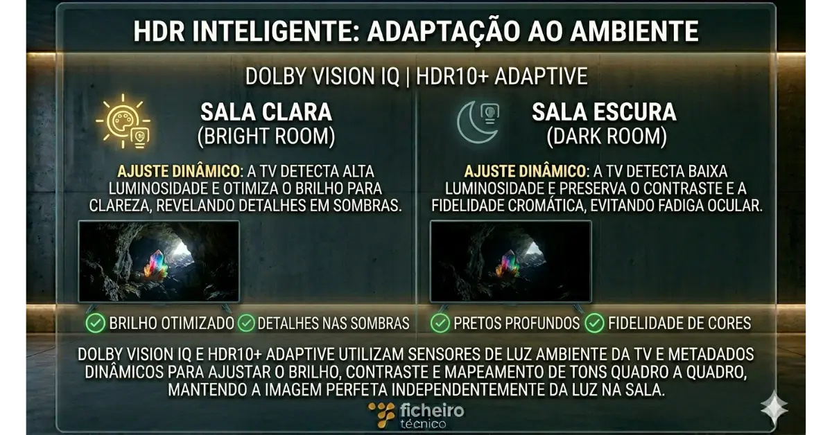 Infográfico técnico sobre o HDR Inteligente. Ele compara a mesma cena HDR de uma caverna em uma sala clara (com brilho e sombras otimizados) versus uma sala escura (com contraste e fidelidade de cores preservados).