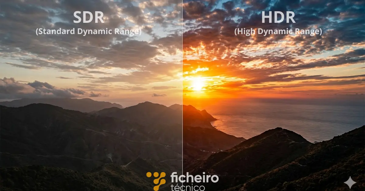 Infográfico técnico fotorrealista em tela cheia comparando uma cena de pôr do sol costeiro simulada em SDR com cores lavadas e baixo contraste versus a mesma cena simulada em HDR com alto alcance dinâmico, cores vibrantes, pretos profundos e detalhes nítidos em nuvens e luz.