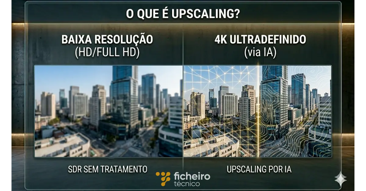 Imagem de capa do Ficheiro Técnico para o artigo 'O que é Upscaling?'. A arte está dividida ao meio, sobre um fundo de concreto premium. O lado esquerdo mostra uma cidade em baixa resolução e borrada (HD/Full HD), rotulada como 'BAIXA RESOLUÇÃO'. O lado direito mostra a mesma cidade em 4K ultra-definida, com linhas de grade digitais brilhantes sugerindo processamento de IA, rotulada como '4K ULTRADEFINIDO via IA'.
