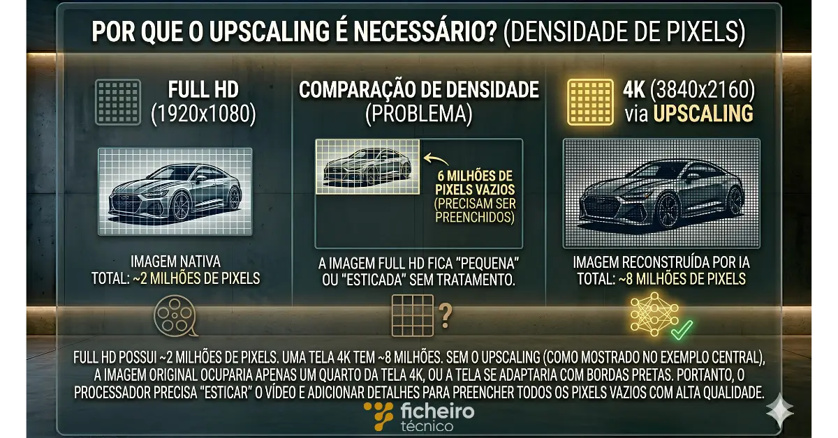 Infográfico técnico sobre fundo premium de vidro e concreto, demonstrando a necessidade do Upscaling. Três colunas modulares comparam a densidade de pixels. A esquerda ilustra a matriz Full HD com 2 milhões de pixels. O centro ilustra a matriz Full HD inserida em um frame 4K, demonstrando os 6 milhões de pixels vazios. A direita ilustra a matriz 4K completa com 8 milhões de pixels, preenchida com alta definição via Upscaling com Inteligência Artificial. Inclui o logo Ficheiro Técnico.