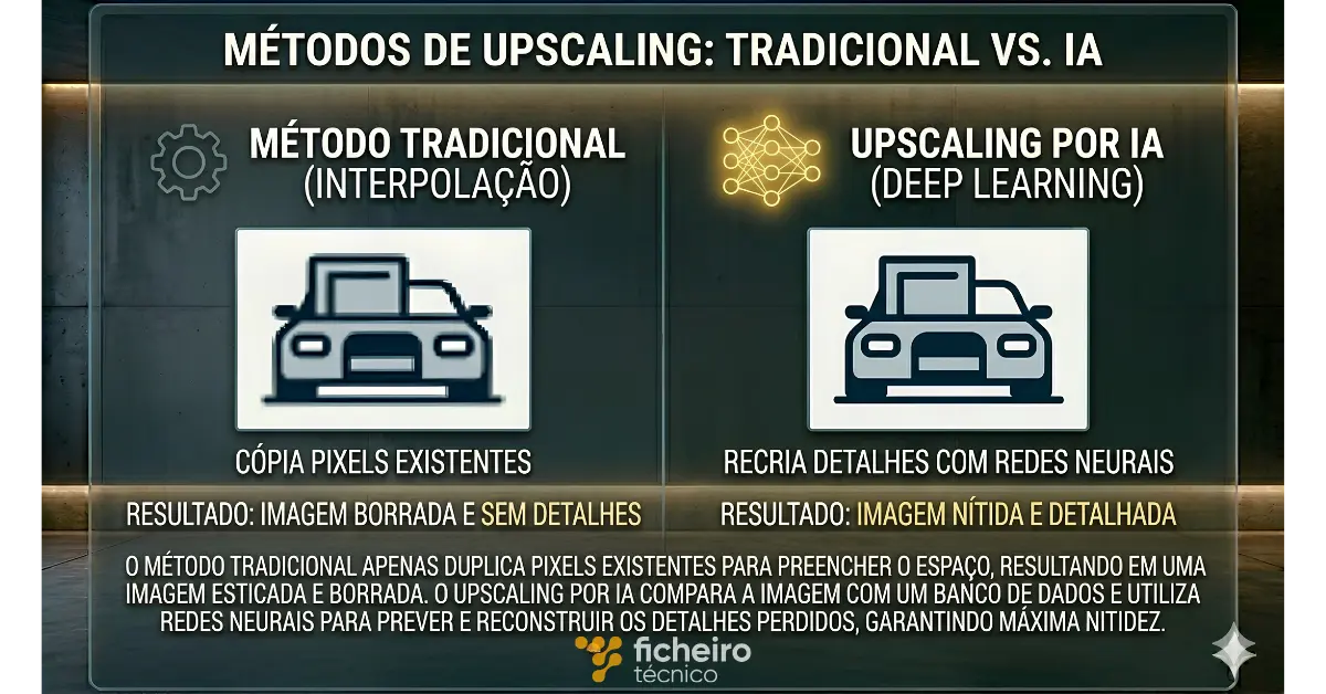 Infográfico técnico sobre fundo premium de vidro e concreto, comparando o Método Tradicional de interpolação versus o Upscaling por IA. Arte dividida em duas colunas, limpa e sem logomarca. À esquerda, uma imagem de baixa definição borrada e rotulada 'MÉTODO TRADICIONAL'. À direita, a mesma imagem reconstruída com alta definição nítida e rotulada 'UPSCALING POR IA'.