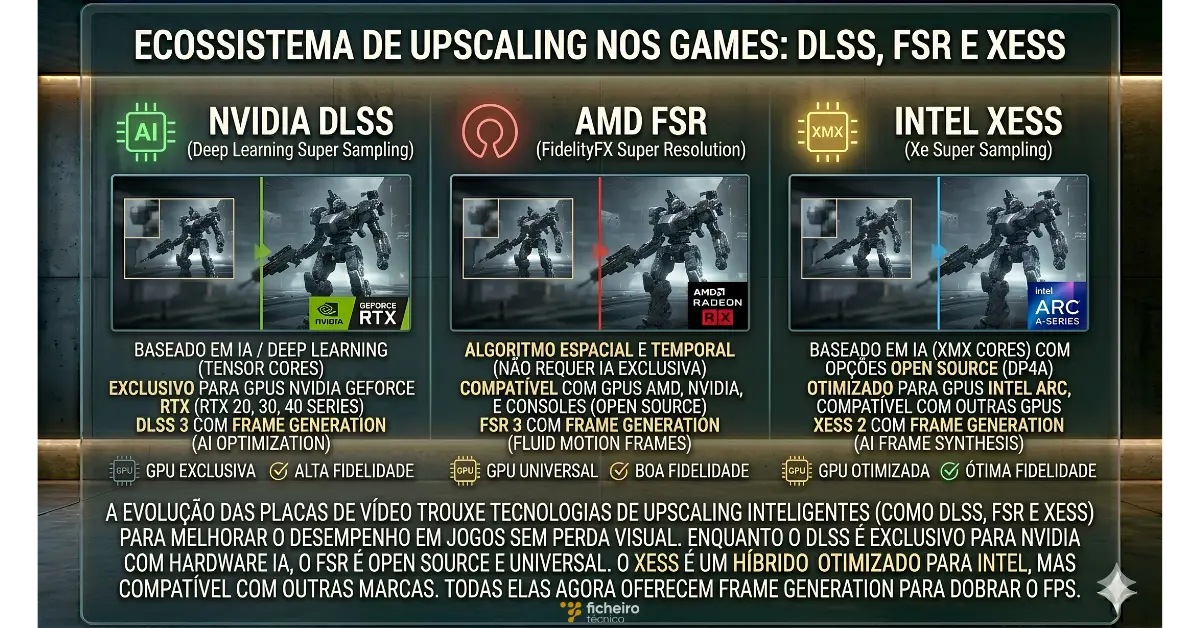 Infográfico técnico sobre fundo premium de vidro e concreto, comparando tecnologias de upscaling para jogos: NVIDIA DLSS, AMD FSR e Intel XeSS. Três colunas modulares com ícones de hardware IA e códigos open source, descrições técnicas de métodos e compatibilidade, e pequenos comparativos visuais em cenários de jogo. A arte é limpa e não possui logomarca. Inclui o título 'ECOSSISTEMA DE UPSCALING NOS GAMES: DLSS, FSR E XESS'.