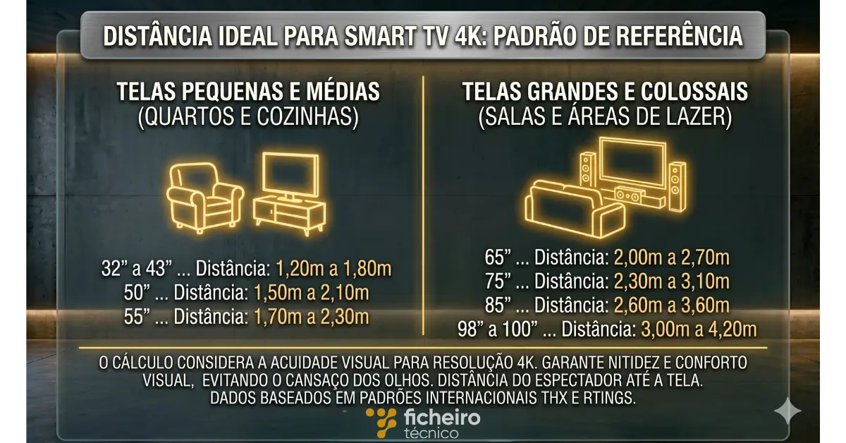 Infográfico com a tabela de distância ideal para quem vai comprar uma smart tv 4K, mostrando o espaço mínimo e máximo recomendado para telas de 32 a 100 polegadas em quartos, salas e cozinhas.