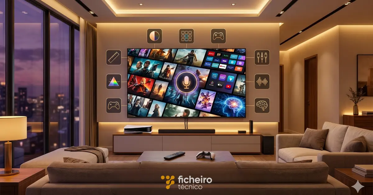 Imagem de capa do guia do Ficheiro Técnico para quem deseja comprar uma smart tv, mostrando uma sala de estar moderna com TV de tela grande, soundbar, videogame e ícones dos recursos de imagem, som e inteligência artificial.