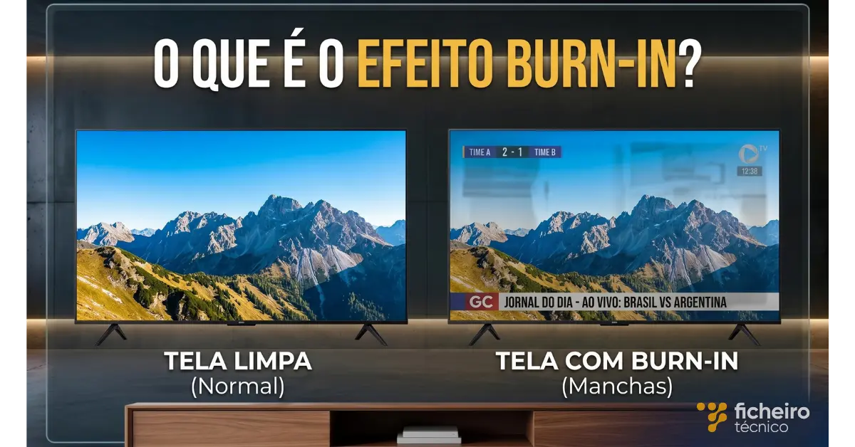 Infográfico comparativo mostrando duas TVs lado a lado sobre um móvel. A TV da esquerda exibe uma paisagem de montanha limpa. A TV da direita exibe a mesma paisagem, mas com manchas fantasmas e translúcidas de placares de futebol e telejornal causadas pelo efeito burn-in.