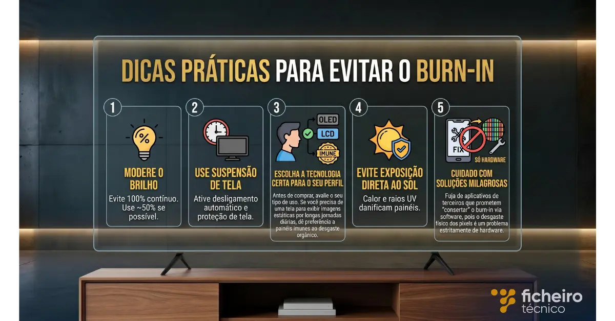 Infográfico de lista ilustrada apresentando cinco dicas essenciais para evitar o efeito burn-in em TVs, incluindo moderação de brilho, escolha da tecnologia certa (como QLED ou LCD para uso estático) e cuidado com soluções de software falsas.