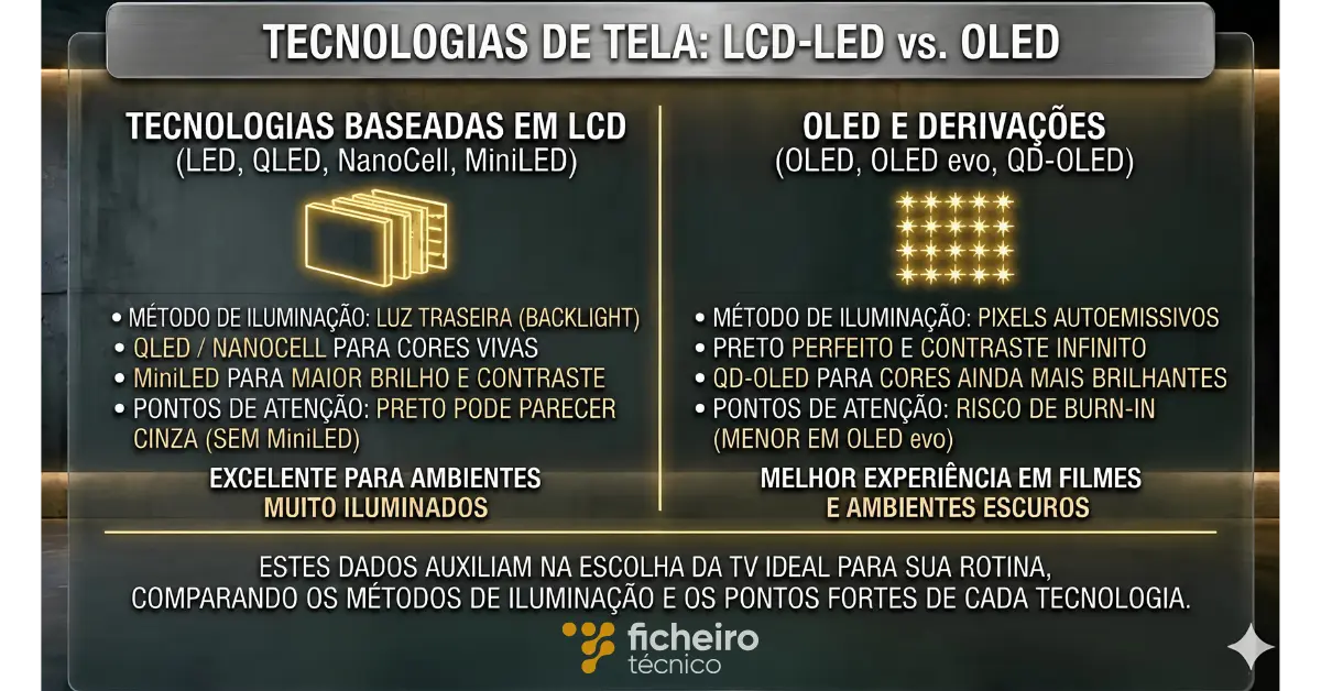 Infográfico técnico do site Ficheiro Técnico comparando métodos de iluminação, contraste e brilho de telas LCD-LED vs. OLED para ajudar na compra de TV.