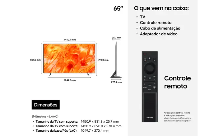 Smart TV Samsung Neo QLED QN65QN70HAGXZD 2026 - Ficheiro Técnico
