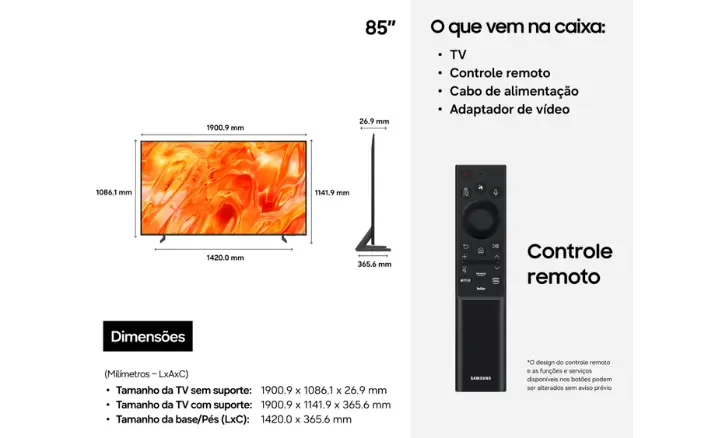 Smart TV Samsung Neo QLED QN85QN70HAGXZD 2026 - Ficheiro Técnico